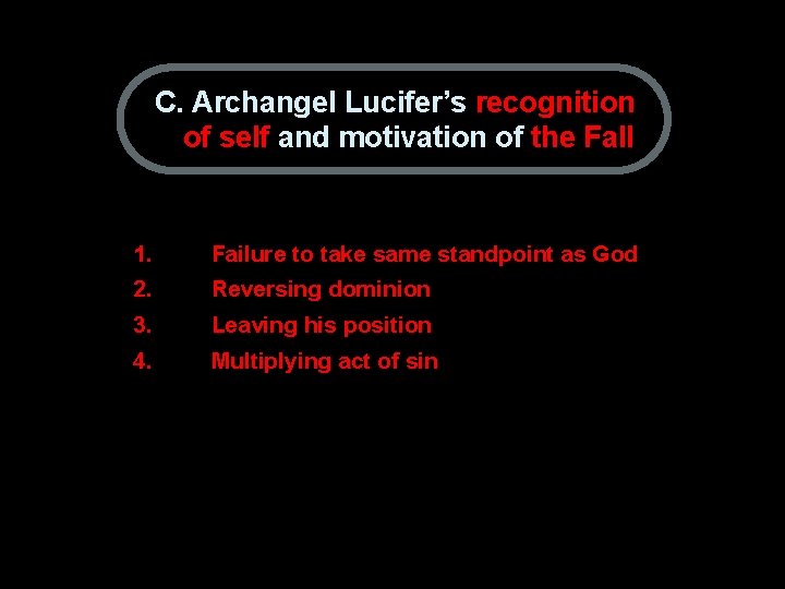 C. Archangel Lucifer’s recognition of self and motivation of the Fall 1. Failure to