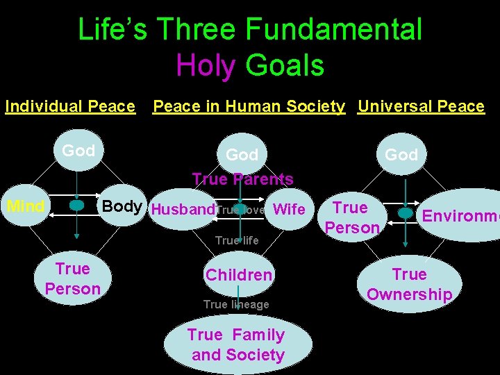 Life’s Three Fundamental Holy Goals Individual Peace God Mind Peace in Human Society Universal