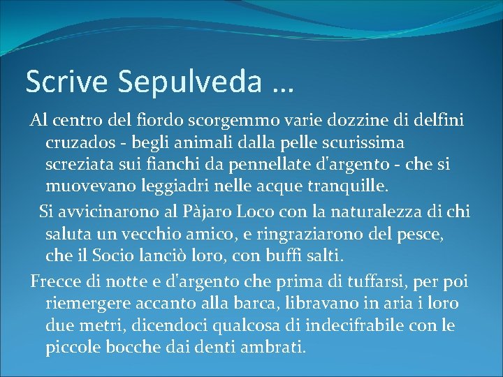 Scrive Sepulveda … Al centro del fiordo scorgemmo varie dozzine di delfini cruzados -