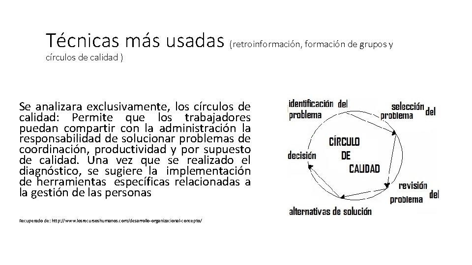 Técnicas más usadas (retroinformación, formación de grupos y círculos de calidad ) Se analizara