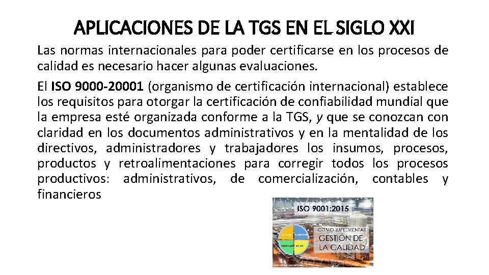 APLICACIONES DE LA TGS EN EL SIGLO XXI Las normas internacionales para poder certificarse
