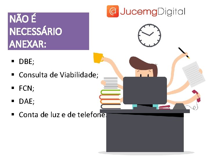 NÃO É NECESSÁRIO ANEXAR: § DBE; § Consulta de Viabilidade; § FCN; § DAE;