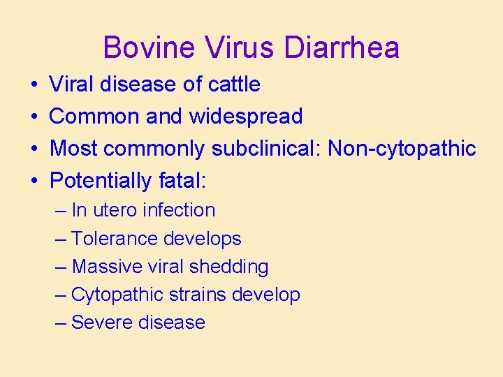 Bovine Virus Diarrhea • • Viral disease of cattle Common and widespread Most commonly