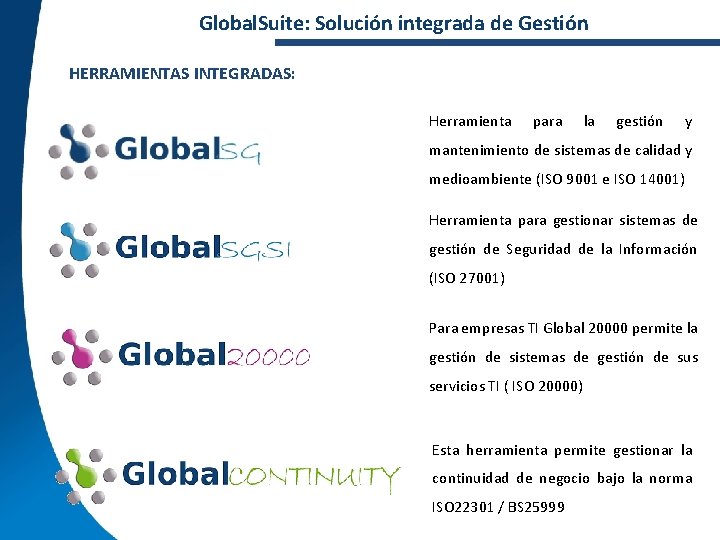Global. Suite: Solución integrada de Gestión HERRAMIENTAS INTEGRADAS: Herramienta para la gestión y mantenimiento