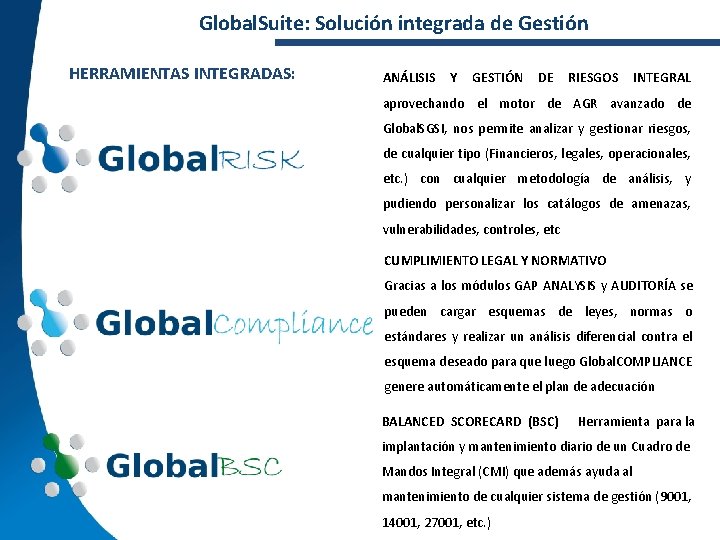 Global. Suite: Solución integrada de Gestión HERRAMIENTAS INTEGRADAS: ANÁLISIS Y GESTIÓN DE RIESGOS INTEGRAL