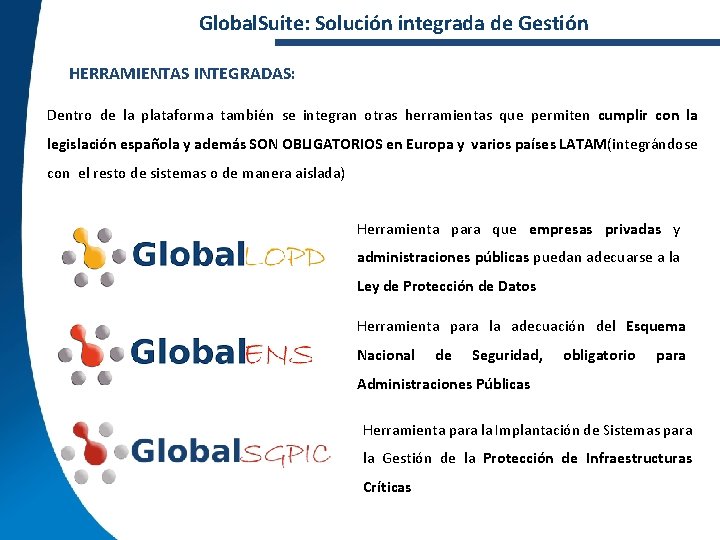 Global. Suite: Solución integrada de Gestión HERRAMIENTAS INTEGRADAS: Dentro de la plataforma también se