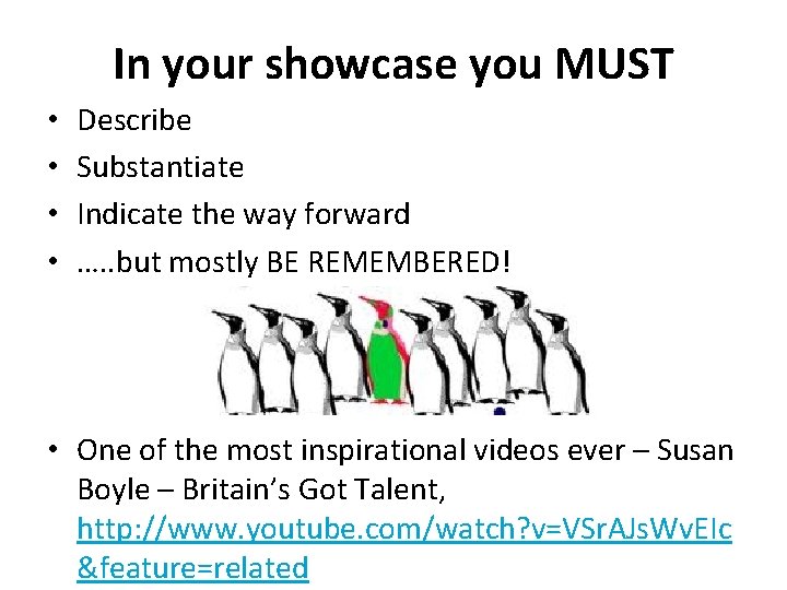 In your showcase you MUST • • Describe Substantiate Indicate the way forward ….