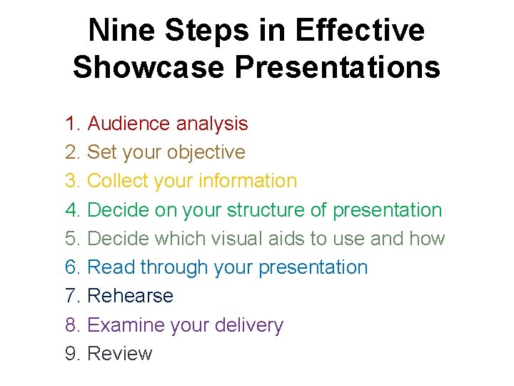 Nine Steps in Effective Showcase Presentations 1. Audience analysis 2. Set your objective 3.