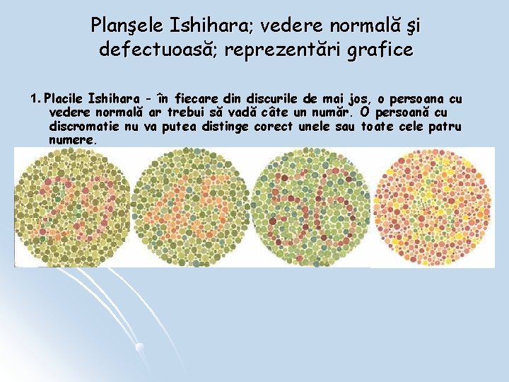 Planşele Ishihara; vedere normală şi defectuoasă; reprezentări grafice 1. Placile Ishihara - în fiecare