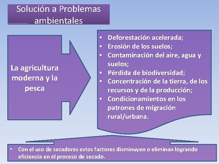 Solución a Problemas ambientales • • • La agricultura moderna y la pesca •