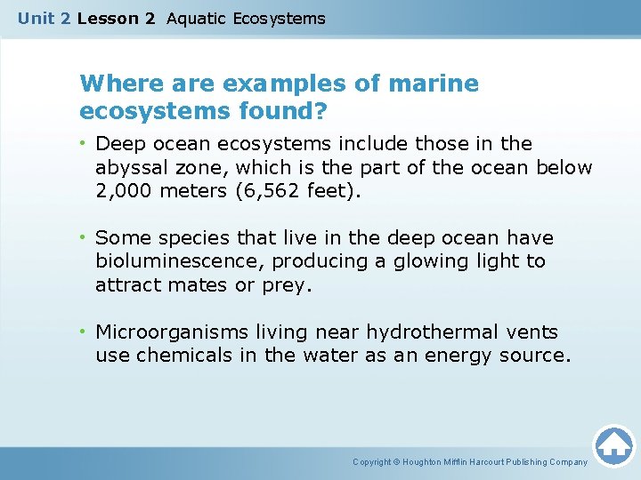 Unit 2 Lesson 2 Aquatic Ecosystems Where are examples of marine ecosystems found? •