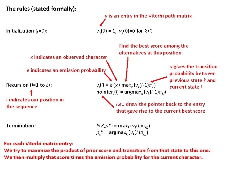 The rules (stated formally): Initialization (i=0): v is an entry in the Viterbi path
