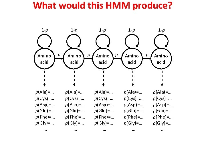 What would this HMM produce? 1 -p Amino acid p(Ala)=… p(Cys)=… p(Asp)=… p(Glu)=… p(Phe)=…