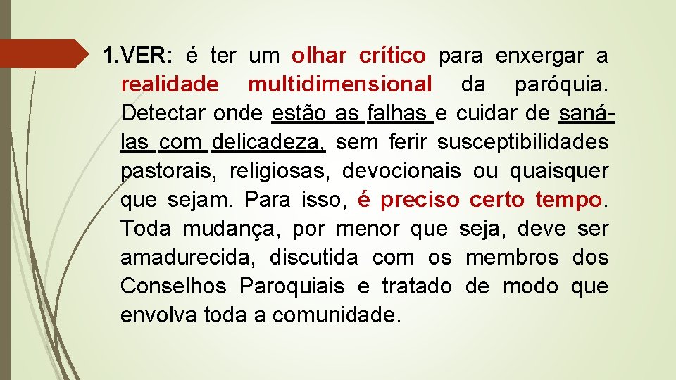 1. VER: é ter um olhar crítico para enxergar a realidade multidimensional da paróquia.