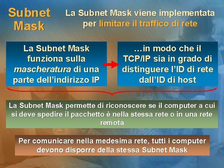 Subnet Mask La Subnet Mask viene implementata per limitare il traffico di rete La