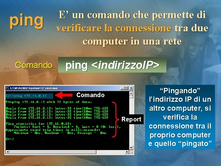 ping Comando E’ un comando che permette di verificare la connessione tra due computer