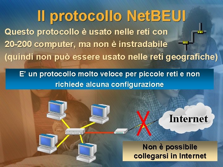 Il protocollo Net. BEUI Questo protocollo è usato nelle reti con 20 -200 computer,