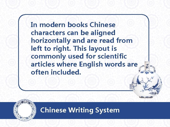 In modern books Chinese characters can be aligned horizontally and are read from left