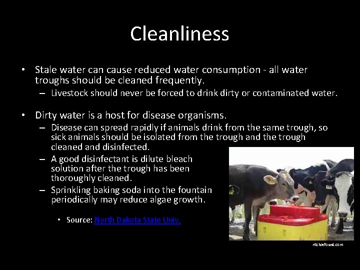 Cleanliness • Stale water can cause reduced water consumption - all water troughs should