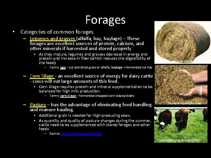Forages • Categories of common forages – Legumes and grasses (alfalfa, haylage) – These