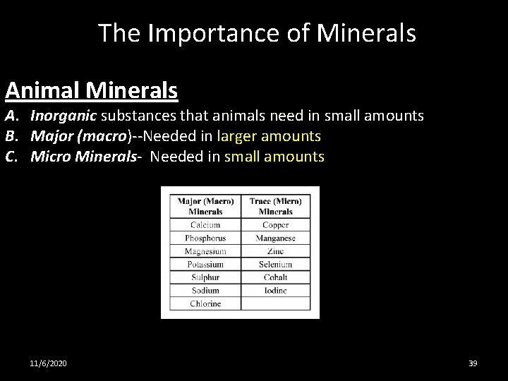 The Importance of Minerals Animal Minerals A. Inorganic substances that animals need in small