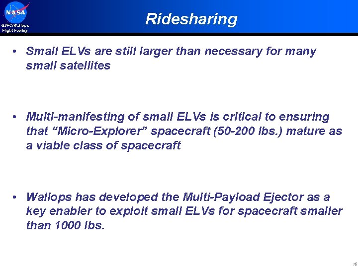 GSFC/Wallops Flight Facility Ridesharing • Small ELVs are still larger than necessary for many