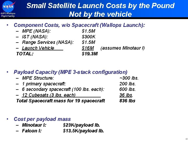 GSFC/Wallops Flight Facility Small Satellite Launch Costs by the Pound Not by the vehicle