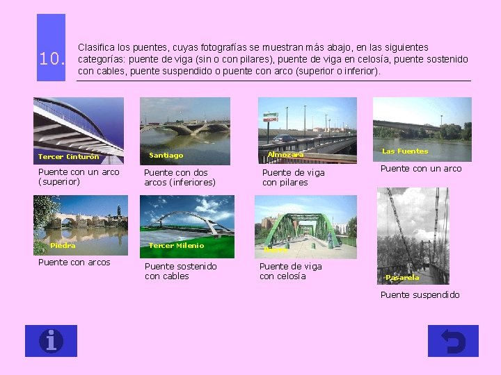 10. Clasifica los puentes, cuyas fotografías se muestran más abajo, en las siguientes categorías: