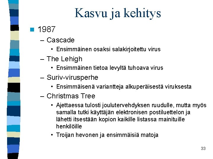 Kasvu ja kehitys n 1987 – Cascade • Ensimmäinen osaksi salakirjoitettu virus – The