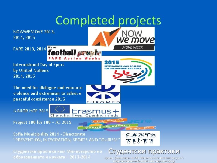 Completed projects NOWWEMOVE 2013, 2014, 2015 FARE 2013, 2014 International Day of Sport by