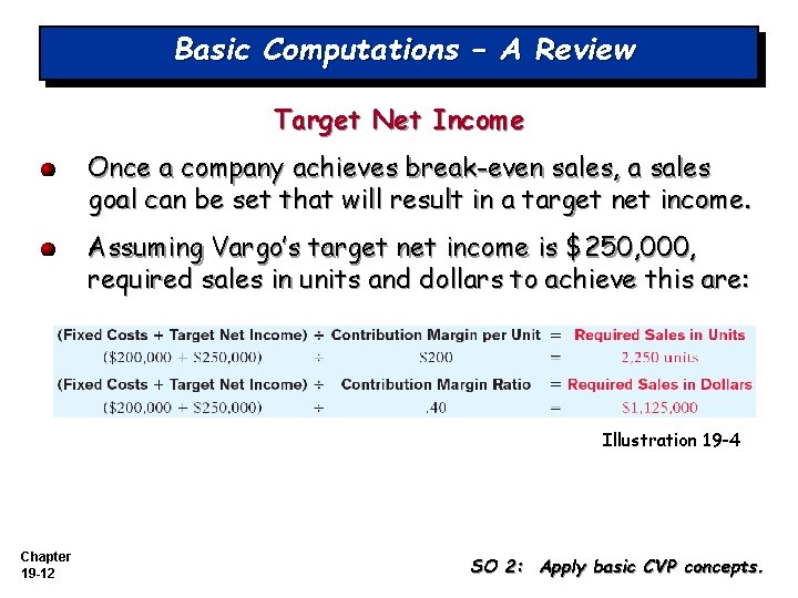 Basic Computations – A Review Target Net Income Once a company achieves break-even sales,