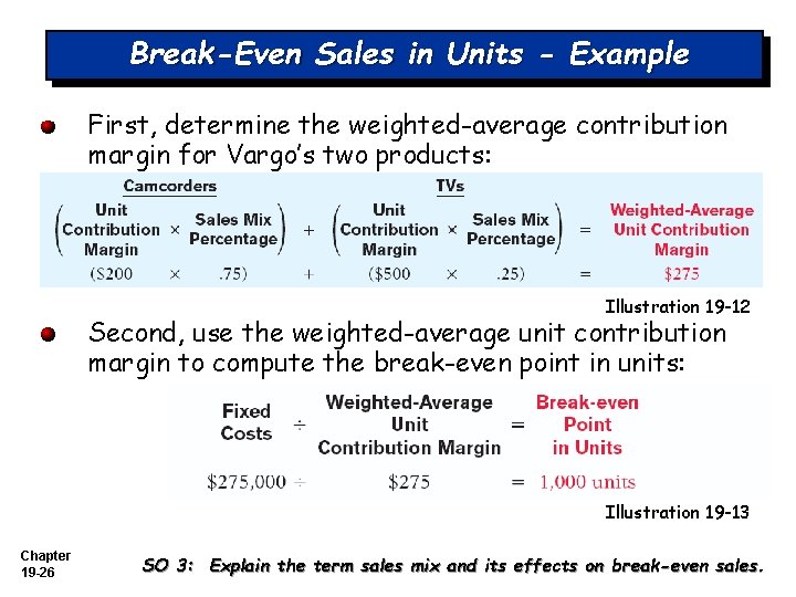 Break-Even Sales in Units - Example First, determine the weighted-average contribution margin for Vargo’s