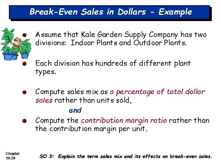 Break-Even Sales in Dollars - Example Assume that Kale Garden Supply Company has two