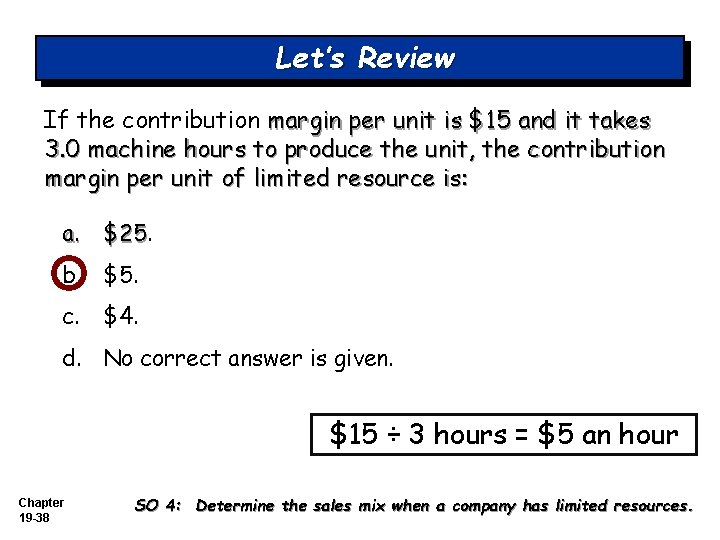 Let’s Review If the contribution margin per unit is $15 and it takes 3.