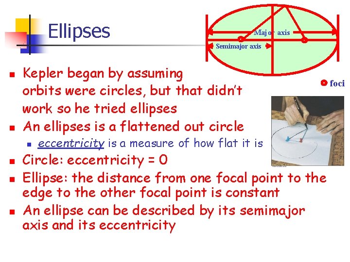 Ellipses Major axis Semimajor axis n n Kepler began by assuming orbits were circles,