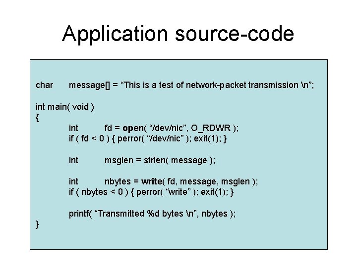 Application source-code char message[] = “This is a test of network-packet transmission n”; int