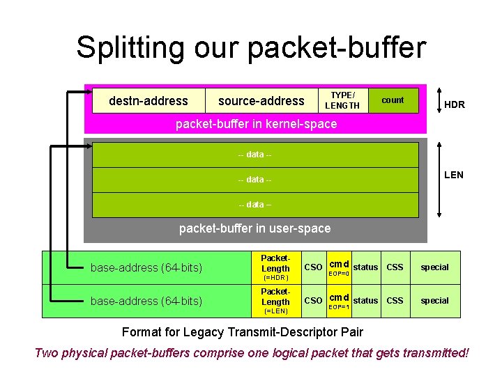 Splitting our packet-buffer destn-address source-address TYPE/ LENGTH count HDR packet-buffer in kernel-space -- data