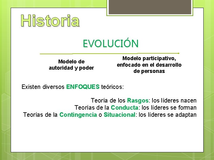 Historia EVOLUCIÓN Modelo de autoridad y poder Modelo participativo, enfocado en el desarrollo de