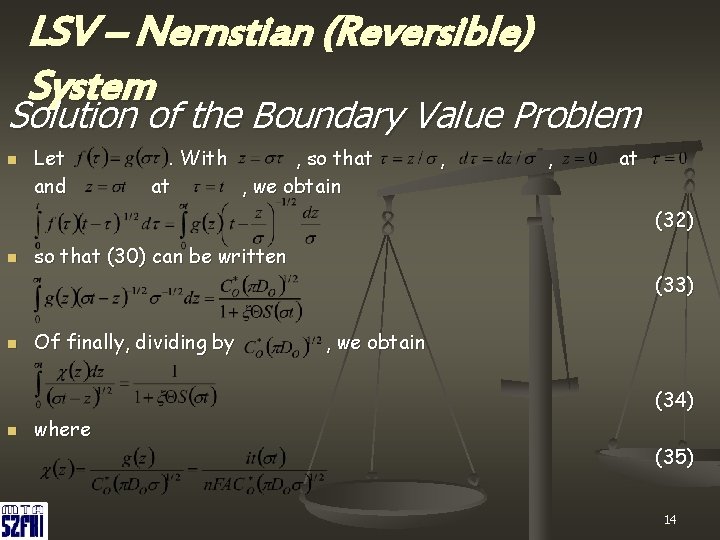 LSV – Nernstian (Reversible) System Solution of the Boundary Value Problem n Let and