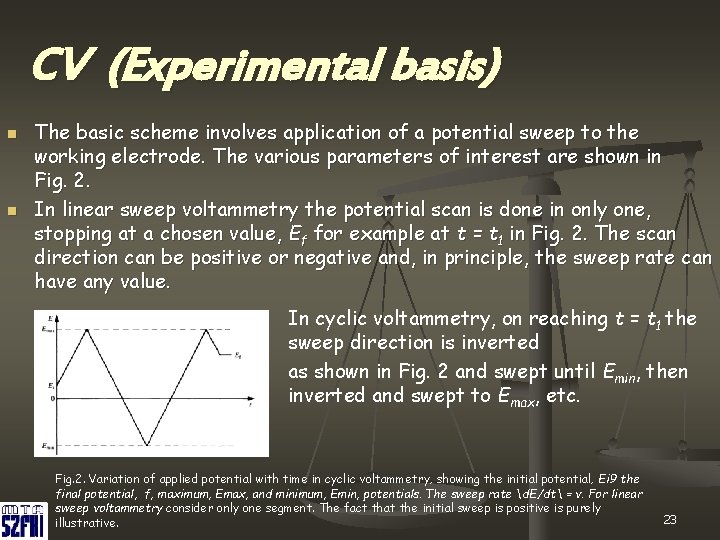 CV (Experimental basis) n n The basic scheme involves application of a potential sweep