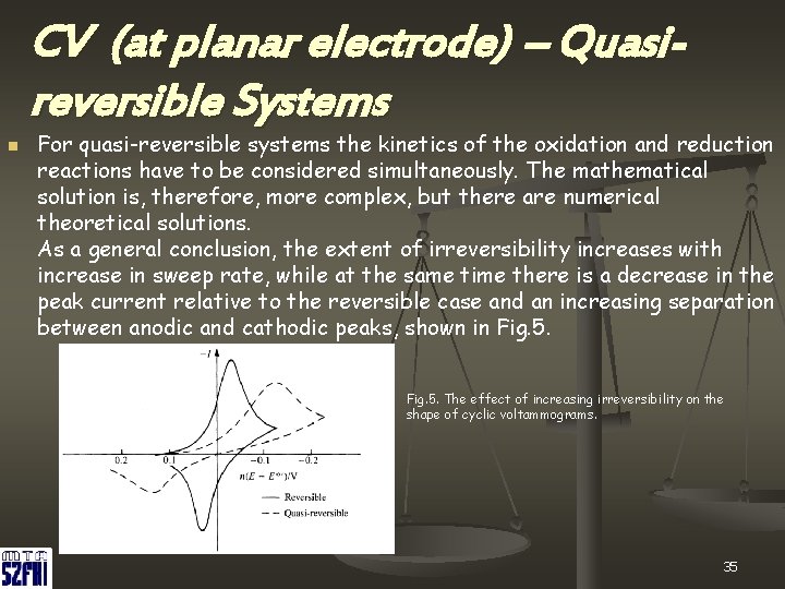 CV (at planar electrode) – Quasireversible Systems n For quasi-reversible systems the kinetics of