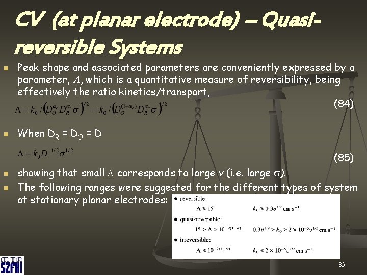 CV (at planar electrode) – Quasireversible Systems n n Peak shape and associated parameters