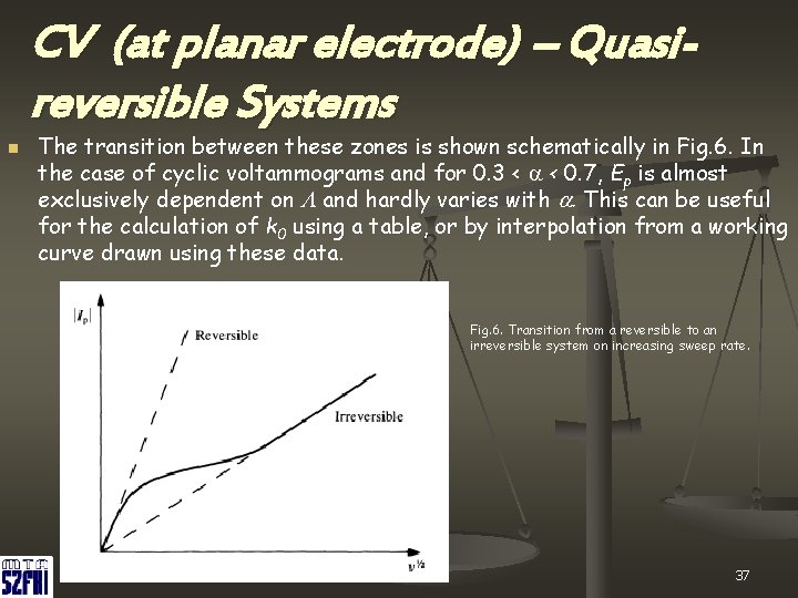 CV (at planar electrode) – Quasireversible Systems n The transition between these zones is