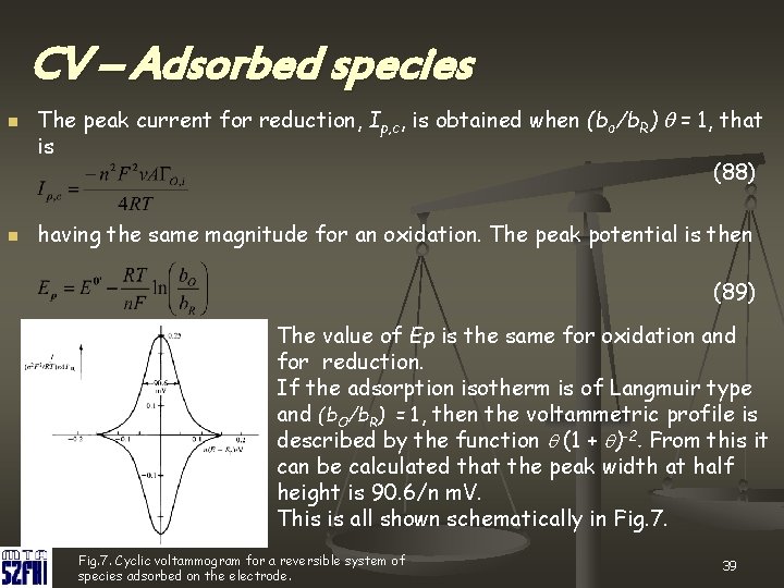 CV – Adsorbed species n n The peak current for reduction, Ip, c, is