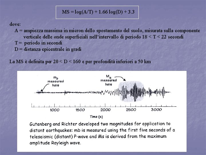 MS = log(A/T) + 1. 66 log(D) + 3. 3 dove: A = ampiezza