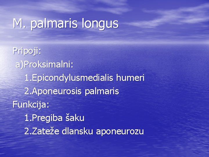 M. palmaris longus Pripoji: a)Proksimalni: 1. Epicondylusmedialis humeri 2. Aponeurosis palmaris Funkcija: 1. Pregiba