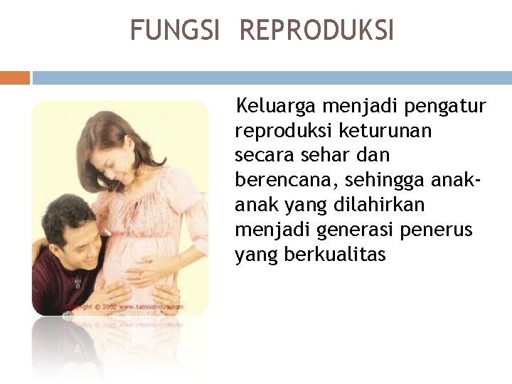 FUNGSI REPRODUKSI Keluarga menjadi pengatur reproduksi keturunan secara sehar dan berencana, sehingga anak yang