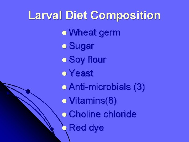 Larval Diet Composition l Wheat germ l Sugar l Soy flour l Yeast l