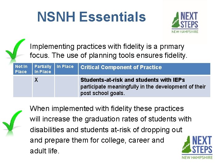 NSNH Essentials Implementing practices with fidelity is a primary focus. The use of planning