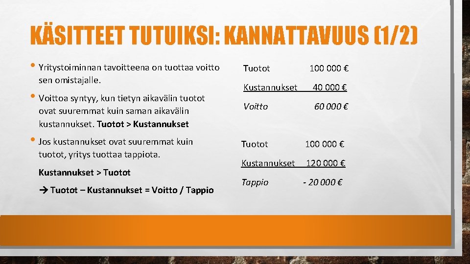 KÄSITTEET TUTUIKSI: KANNATTAVUUS (1/2) • Yritystoiminnan tavoitteena on tuottaa voitto sen omistajalle. • Voittoa